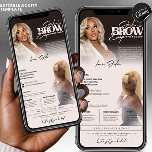 May include: A mobile phone screen displaying a flyer for a brow service business called "Julia's Brow Experience". The flyer features a photo of a woman with blonde hair and a caption that says "Love, Julia". The flyer also includes business hours, contact information, and a call to action to book an appointment.