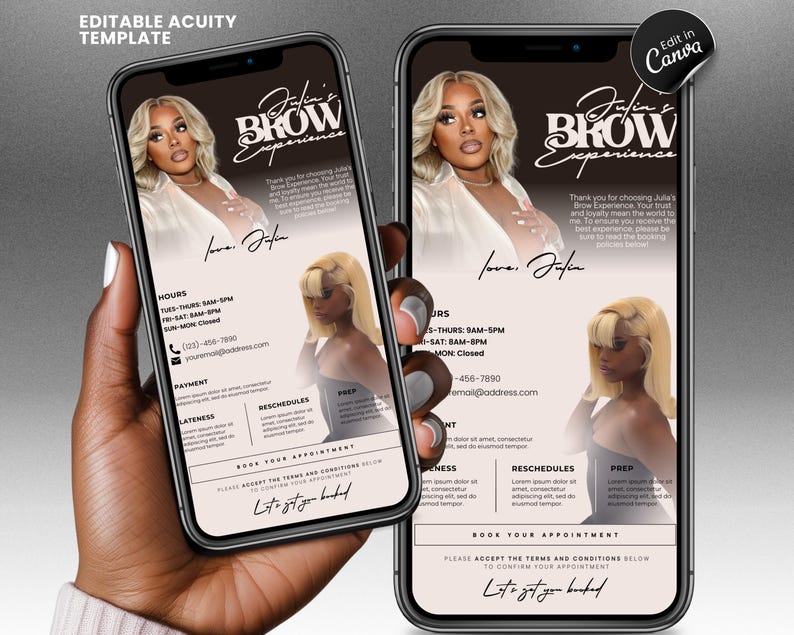 May include: A mobile phone screen displaying a flyer for a brow service business called "Julia's Brow Experience". The flyer features a photo of a woman with blonde hair and a caption that says "Love, Julia". The flyer also includes business hours, contact information, and a call to action to book an appointment.