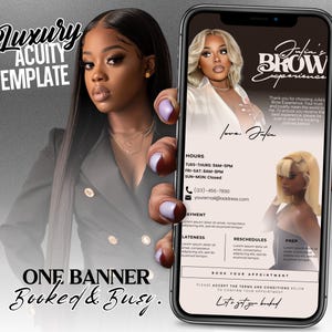 May include: A pink and white mobile phone screen displaying a business advertisement for a brow service. The text on the screen reads "Julia's Brow Experience" and includes business hours, contact information, and a booking link. The text "Let's get you booked" is at the bottom of the screen.