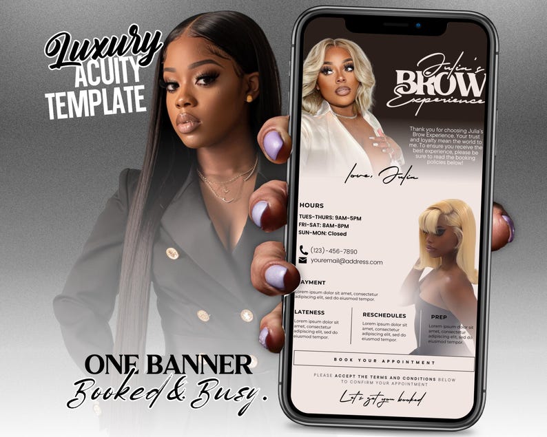 May include: A pink and white mobile phone screen displaying a business advertisement for a brow service. The text on the screen reads "Julia's Brow Experience" and includes business hours, contact information, and a booking link. The text "Let's get you booked" is at the bottom of the screen.