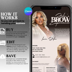 May include: A black and white graphic design for a brow service business called "Julia's Brow Experience". The design includes a photo of a woman with long, dark hair, a logo, and text that says "How it Works" and "Buy, Edit, Save".