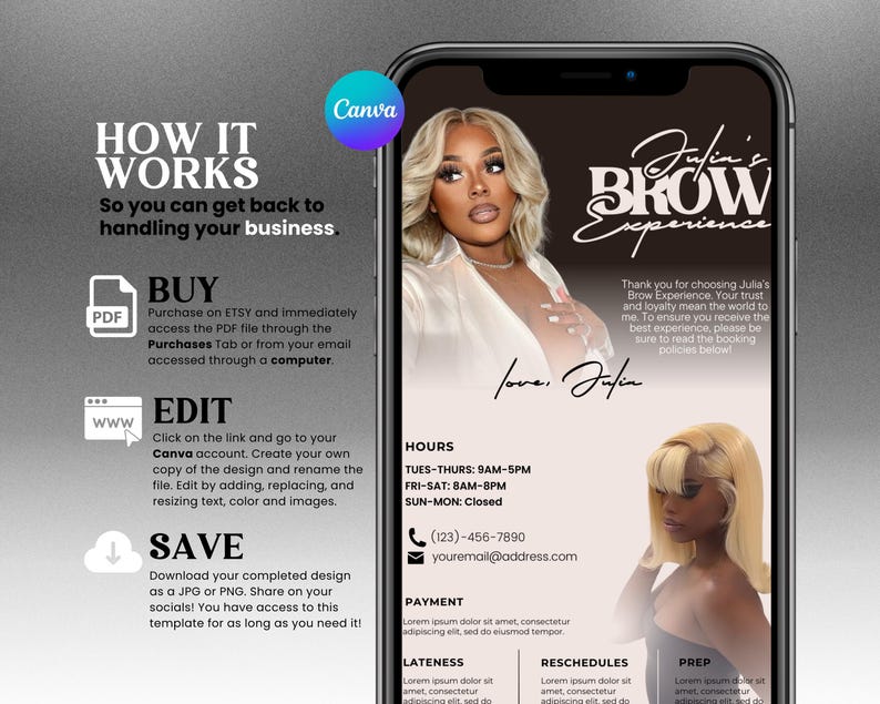 May include: A black and white graphic design for a brow service business called "Julia's Brow Experience". The design includes a photo of a woman with long, dark hair, a logo, and text that says "How it Works" and "Buy, Edit, Save".