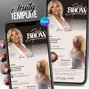 Op de afbeelding: Een zwart-wit mobiel telefoonscherm met een bedrijfsadvertentie voor Julia's Brow Experience. De advertentie toont een zwart-witfoto van een vrouw met lang, stijl haar. De tekst op het scherm luidt "Julia's Brow Experience" en bevat de openingstijden, het telefoonnummer en het e-mailadres. De advertentie bevat ook een sectie voor het boeken van afspraken en het accepteren van algemene voorwaarden.