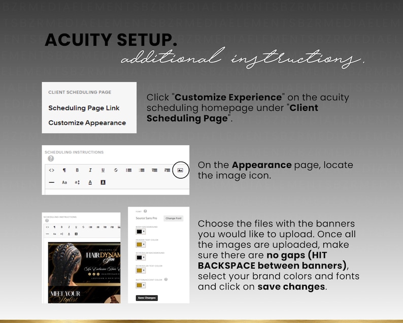 May include: A screenshot of a computer screen showing instructions on how to customize the appearance of a scheduling page on the Acuity Scheduling platform. The instructions include choosing files with banners, uploading them, and making sure there are no gaps between the banners. The instructions also include selecting brand colors and fonts and clicking on save changes.