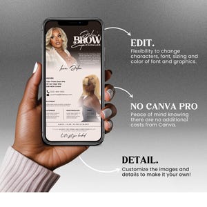 May include: A mobile phone screen displaying a flyer for a brow service. The flyer is pink and white with a black and white photo of a woman with long, straight hair. The text on the flyer reads "Salon Brow Experience" and includes the salon's hours, payment information, and a note about reschedules. The flyer also includes the text "Let's get booked".