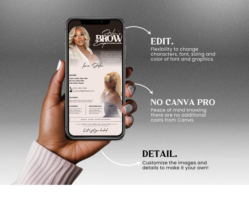 May include: A mobile phone screen displaying a flyer for a brow service. The flyer is pink and white with a black and white photo of a woman with long, straight hair. The text on the flyer reads "Salon Brow Experience" and includes the salon's hours, payment information, and a note about reschedules. The flyer also includes the text "Let's get booked".