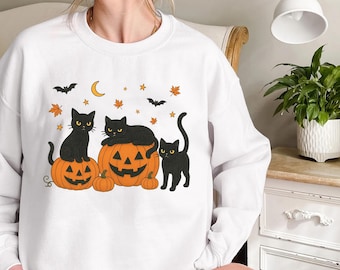 Black Cats Pumpkins Comfort Shirt, Cute Pumpkin Cat Tee, Spooky Cat Graphic T-Shirt, Fall Season Cat Shirt, Witchy Black Aesthetic Cat Tee