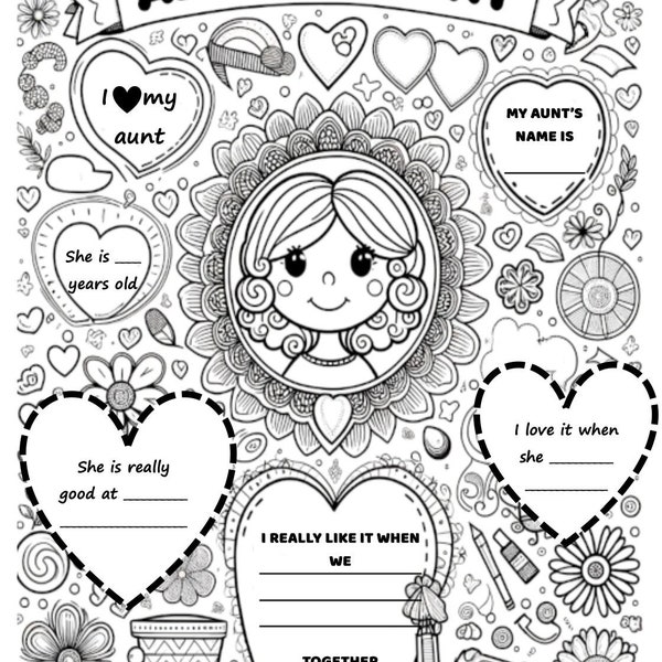 Aunt fill in the blank and coloring page for kids - INSTANT DOWNLOAD - last minute gift