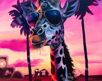 Cool Giraffe – Oil Painting 30x40 cm – Retro Pop Art Animal Sunset Artwork, Colorful Neon Artwork