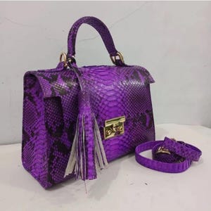 Teal Purple Python Skin Top-Handle Bag – Authentic Bali Handmade Exotic Snake Leather Purse with Gold Hardware