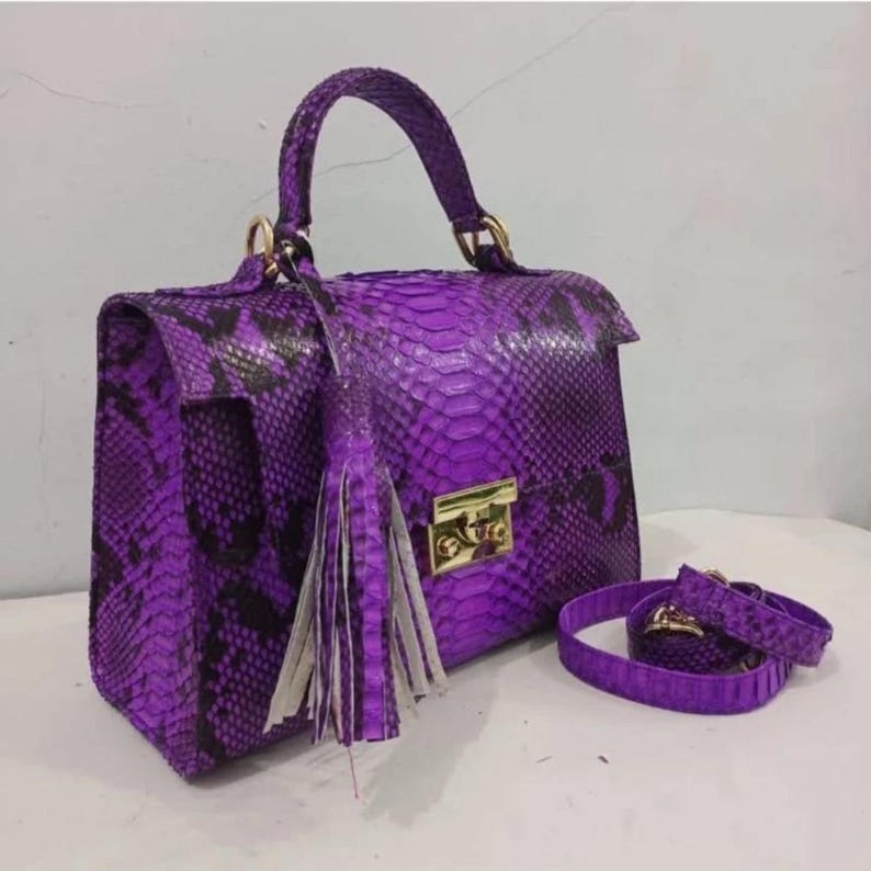 Teal Purple Python Skin Top-Handle Bag – Authentic Bali Handmade Exotic Snake Leather Purse with Gold Hardware