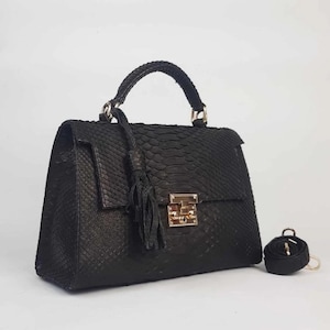 Teal Black Python Skin Top-Handle Bag – Authentic Bali Handmade Exotic Snake Leather Purse with Gold Hardware