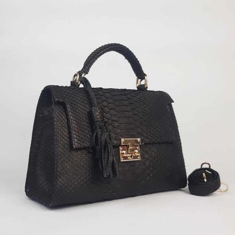 Teal Black Python Skin Top-Handle Bag – Authentic Bali Handmade Exotic Snake Leather Purse with Gold Hardware