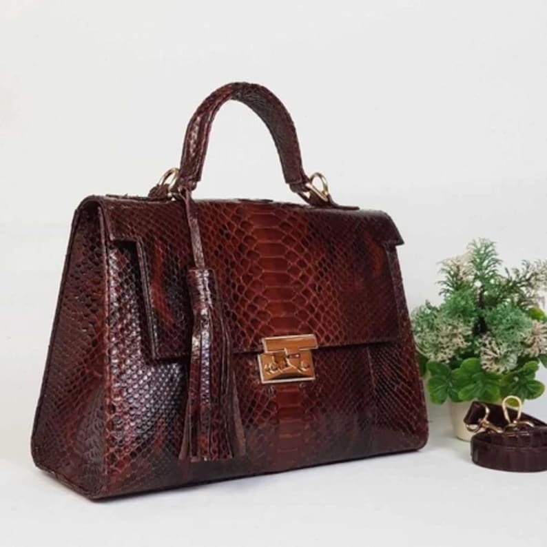 Genuine Bali Python Leather Handbag in Dark Brown – Handmade Exotic Snake Skin Purse with Tassel and Gold Lock