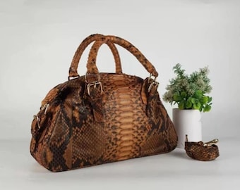 Real Python Snakeskin Handbag: Top Handle Exotic Leather Purse with Wristlet