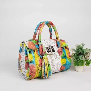 Luxury Real Python Leather Handbag – Exotic Snake Skin Top Handle Purse with Lock & Tassel – Bold Statement Bag for Women