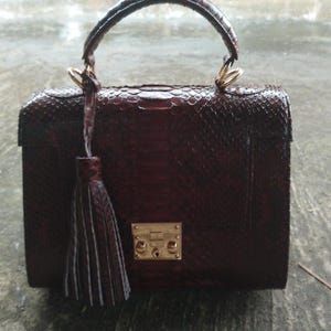 Genuine clutch python leather top-handle handbag featuring polished gold-tone hardware and a matching leather tassel, displayed against a rustic bamboo and wood background