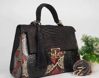 Bolso auténtico de piel de pitón de Bali, bolso de mano de piel de serpiente auténtica, para hombro o cruzado, bolso de mano con asa superior de piel de pitón auténtica, bolso de piel exótica.
