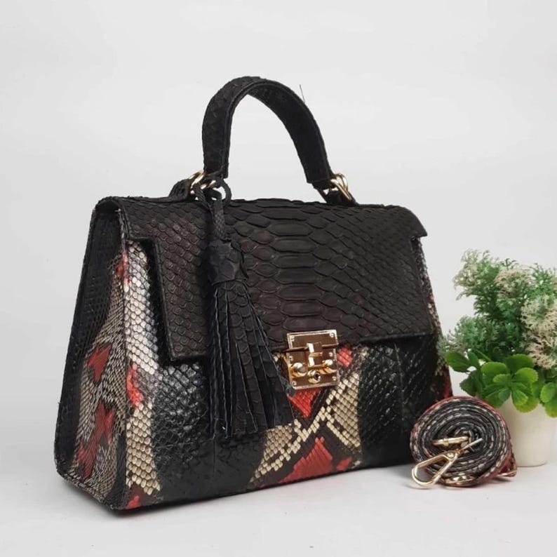 Genuine Bali Python Leather Handbag in Black – Handmade Exotic Snake Skin Purse with Tassel and Gold Lock
