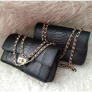 Schwarze Pythonleder Schulter Handtasche für Frauen Kleine 25 cm Clutch Geldbörse Crossbody Taschen