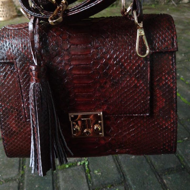 Genuine dark brown python leather top-handle handbag featuring polished gold-tone hardware and a matching leather tassel, displayed against a rustic bamboo and wood background