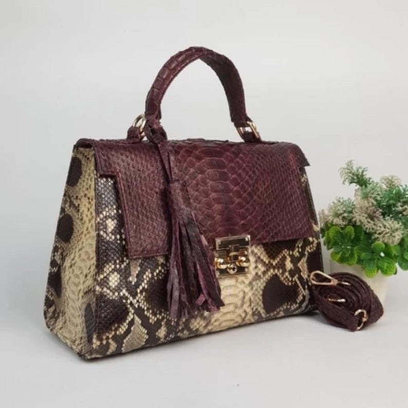 Genuine Bali Python Leather Handbag in Light Brown – Handmade Exotic Snake Skin Purse with Tassel and Gold Lock