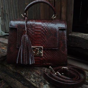 Genuine maroon brown python leather top-handle handbag featuring polished gold-tone hardware and a matching leather tassel, displayed against a rustic bamboo and wood background