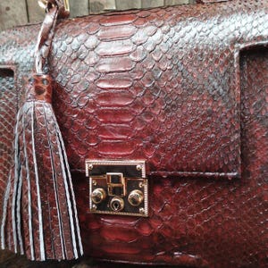 Genuine brown red python leather top-handle handbag featuring polished gold-tone hardware and a matching leather tassel, displayed against a rustic bamboo and wood background