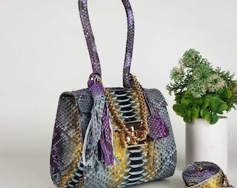 The Empress: Exotic Gradient Python Top-Handle Bag with Gold Chain Accent - Luxury Statement Purse
