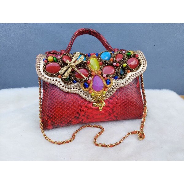 Red Python Leather Handbag Women's Small Party Clutch Purse handmade bags