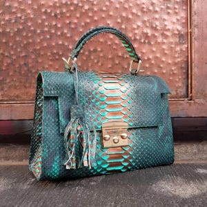 Teal Green Python Skin Top-Handle Bag – Authentic Bali Handmade Exotic Snake Leather Purse with Gold Hardware
