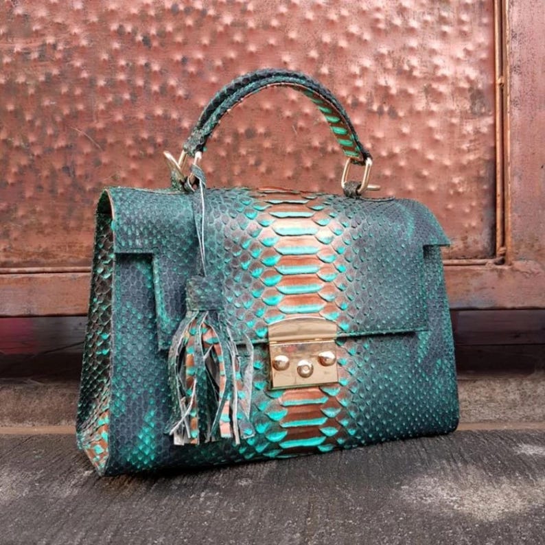 Teal Green Python Skin Top-Handle Bag – Authentic Bali Handmade Exotic Snake Leather Purse with Gold Hardware