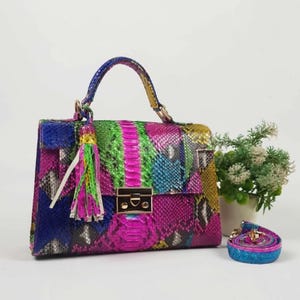 Genuine Bali Python Leather Handbag in Rainbow Multicolor – Handmade Exotic Snake Skin Purse with Tassel and Gold Lock