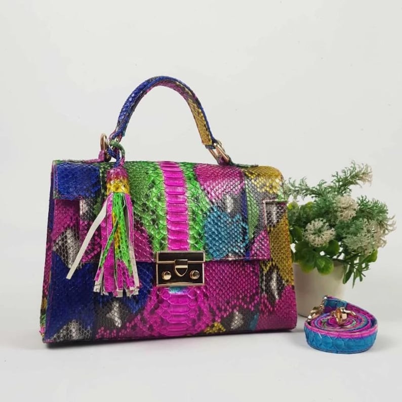Genuine Bali Python Leather Handbag in Rainbow Multicolor – Handmade Exotic Snake Skin Purse with Tassel and Gold Lock