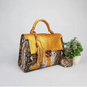 Genuine Bali Python Leather Handbag in gold – Handmade Exotic Snake Skin Purse with Tassel and Gold Lock