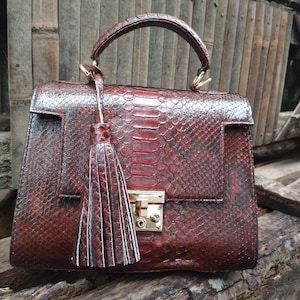 May include: A brown leather handbag with a snakeskin pattern. The bag has a top handle, a gold-colored clasp, and a decorative tassel. The bag is approximately 10 inches wide and 8 inches tall.