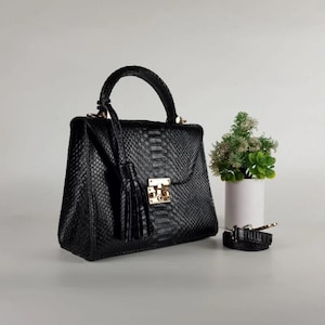 Genuine Python Leather Top Handle Bag: Exotic Red & Black Snake Skin Satchel