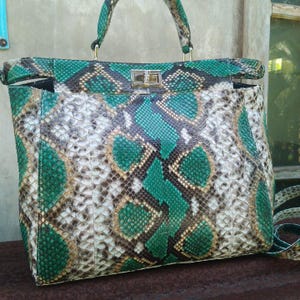 Genuine Python Leather Bag, Green Snakeskin Handbag, Handmade Bali Exotic Tote, Crossbody Snake Purse, Luxury Top Handle Satchel Women Gift