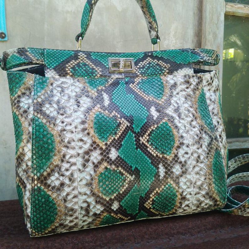 Genuine Python Leather Bag, Green Snakeskin Handbag, Handmade Bali Exotic Tote, Crossbody Snake Purse, Luxury Top Handle Satchel Women Gift