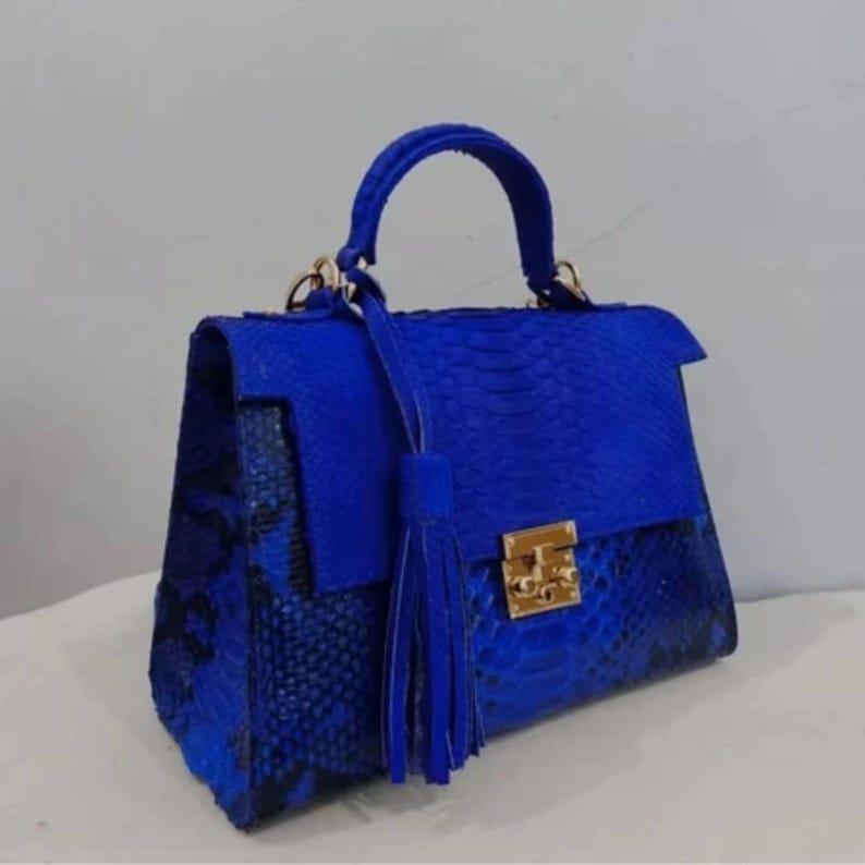 Teal Blue Python Skin Top-Handle Bag – Authentic Bali Handmade Exotic Snake Leather Purse with Gold Hardware