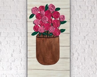 Bright pink flowers bronze vase, Original canvas art,  floral 12 inch x 24 inch floral art