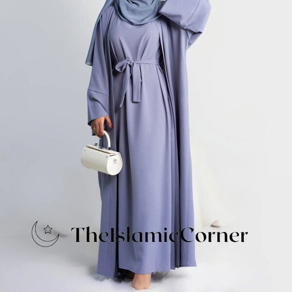 Ręcznie robiony 3-częściowy komplet Sukienka bez rękawów/Kimono/Pasek | Długa luźna odzież dla muzułmańskich kobiet | Prezent dla niej