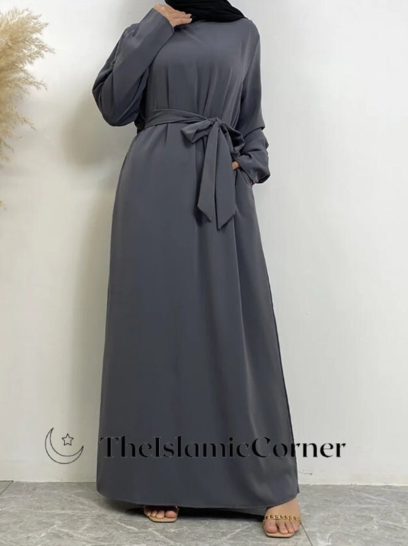 Ręcznie robiona abaya dla kobiet Długa luźna sukienka dla muzułmanek z koronkowym pasem Prezent dla niej Doskonały prezent dla kobiet Szary