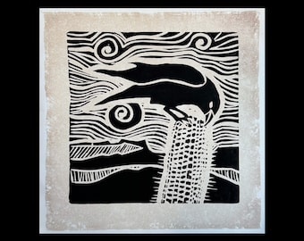 Crow on Cactus original Lino cut print