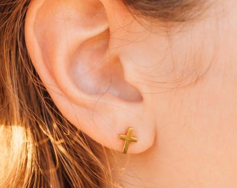 Dainty 18k Gold Cross Stud Earrings: Christian Christian Jewelry Gift for Girl