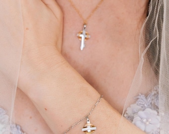 Two-Tone Cross Bridal Jewelry Set: Gold & Silver Necklace Bracelet