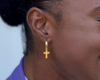 Gold Cross Dangle Earrings: 18K Plated Faith Jewelry