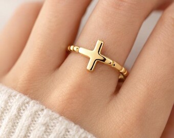 Minimalist Cross Ring, Beaded Band, Gold and Silver Stainless Steel Faith Jewelry