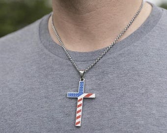 American Flag Cross Necklace for Men, Stainless Steel Christian Faith Pendant, Patriotic Gift for Veterans, USA Jewelry