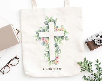Floral Cross Cotton Canvas Tote Bag: Religious Gift